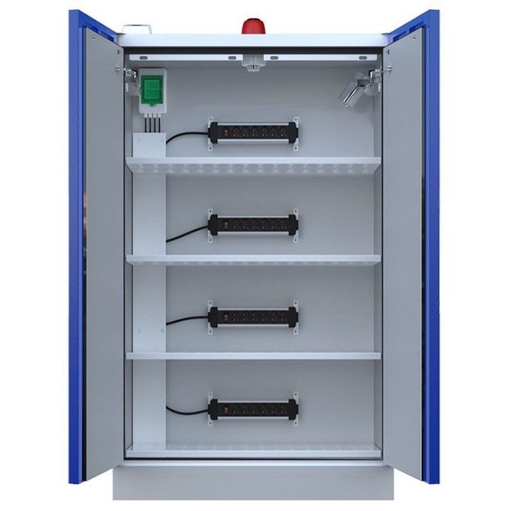 Armoire haute pour batterie lithium avec extincteur et alarme haute 2 porte - Larg 1200 mm