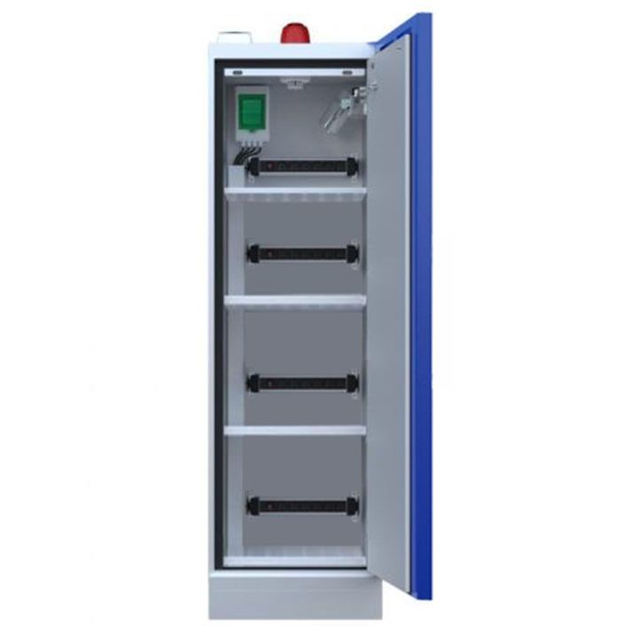 Armoire pour batterie lithium avec extincteur et alarme haute 1 porte - Larg 595 mm ouverte
