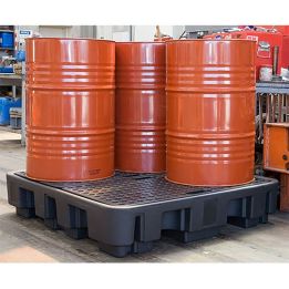 Palette de rétention basse en PE pour 4 fûts | Bac de rétention plastique