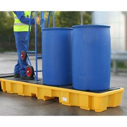 Palette de rétention en PE pour 4 fûts en ligne | Bac de rétention plastique
