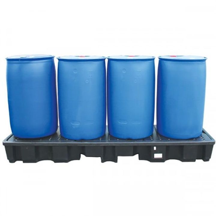 Palette de rétention en PE pour 4 fûts en ligne | Bac de rétention plastique