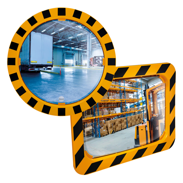 Miroir industrie et logistique en Polymir - Cadre Jaune et Noir
