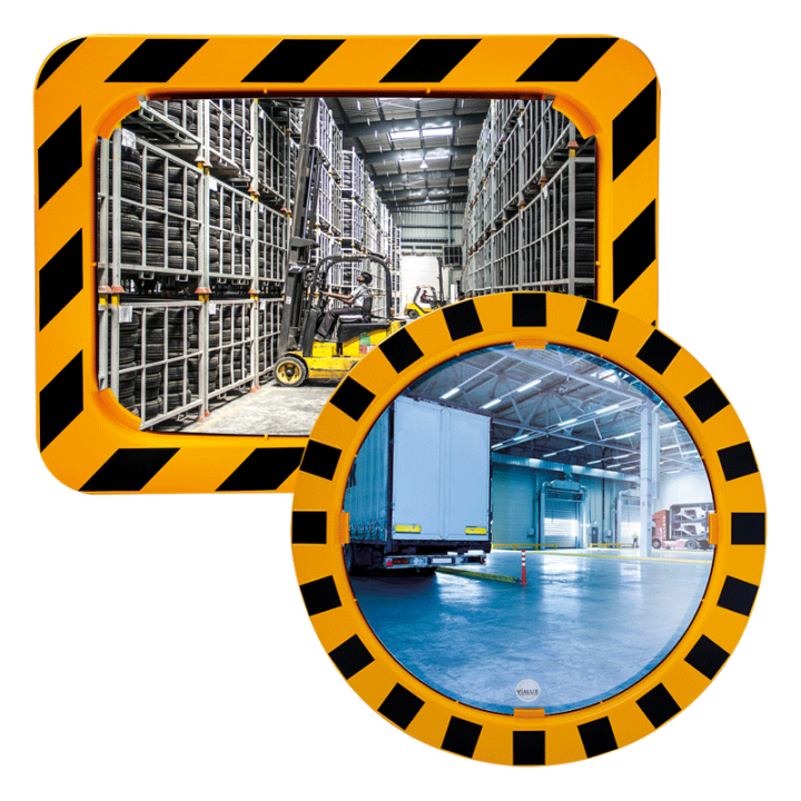 Miroir industrie et logistique en P.A.S. - Cadre Jaune et Noir