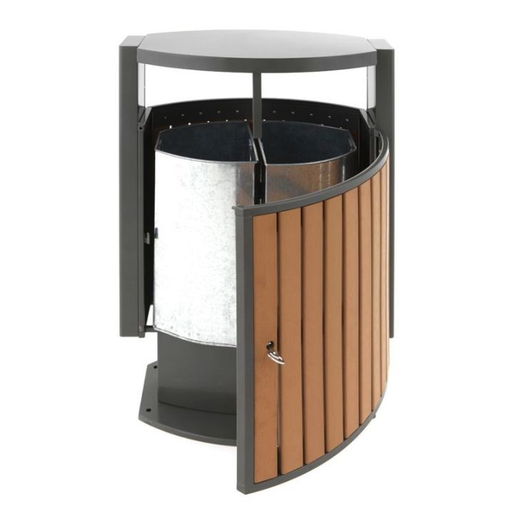 Poubelle d'extérieur look bois pour le tri sélectif.