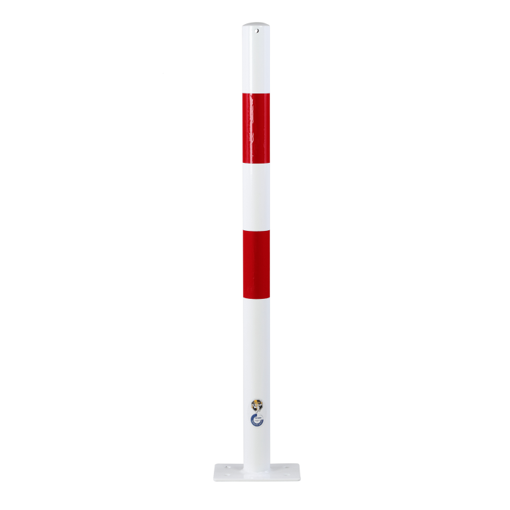 Poteau de protection rond acier sur platine rouge-blanc