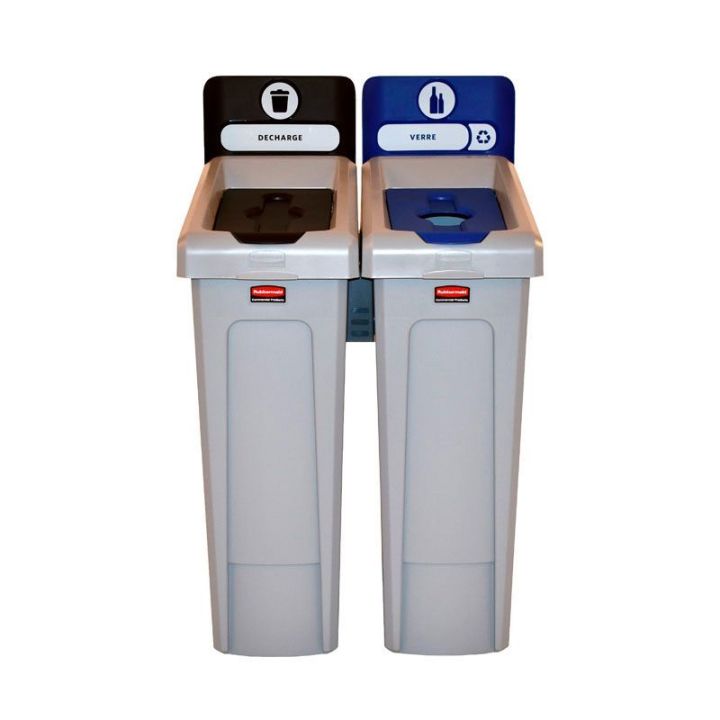 Station de recyclage Slim Jim 2 flux avec couvercle fermé noir et couvercle bouteille bleu.