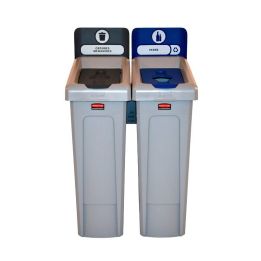 Station de recyclage Slim Jim 2 flux avec couvercle fermé gris et couvercle bouteille bleu.