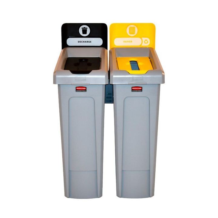 Station de recyclage Slim Jim 2 flux avec couvercle fermé noir et couvercle papier jaune.