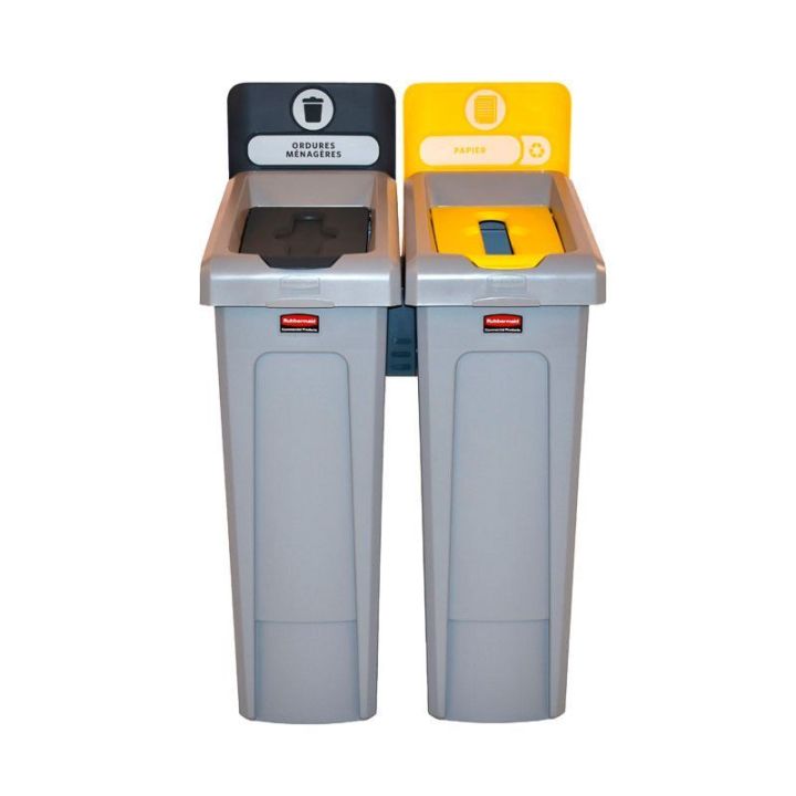 Station de recyclage Slim Jim 2 flux avec couvercle fermé gris et couvercle papier jaune.