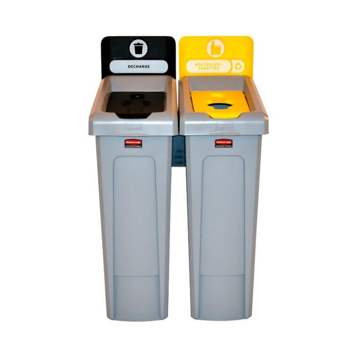 Station de recyclage Slim Jim 2 flux avec couvercle fermé noir et couvercle bouteille jaune.