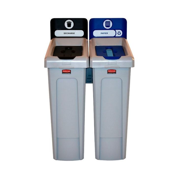 Station de recyclage Slim Jim 2 flux avec couvercle fermé noir et couvercle papier bleu.