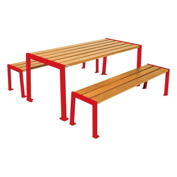 Table de pique-nique Silaos® rouge RAL 3020 chêne clair