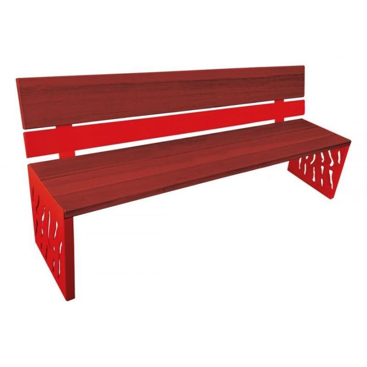 Banc Venise acajou dossier acier et bois, rouge RAL 3020