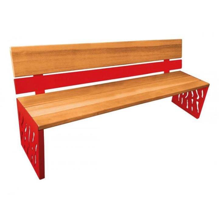 Banc Venise chêne clair dossier acier et bois, rouge RAL 3020