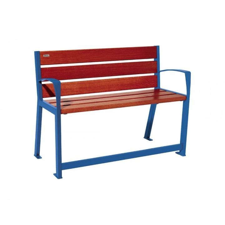 Banc Silaos® sénior bleu RAL 5010 finition acajou 1200 mm
