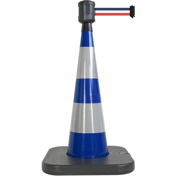 Cône de balisage avec enrouleur à sangle bleu